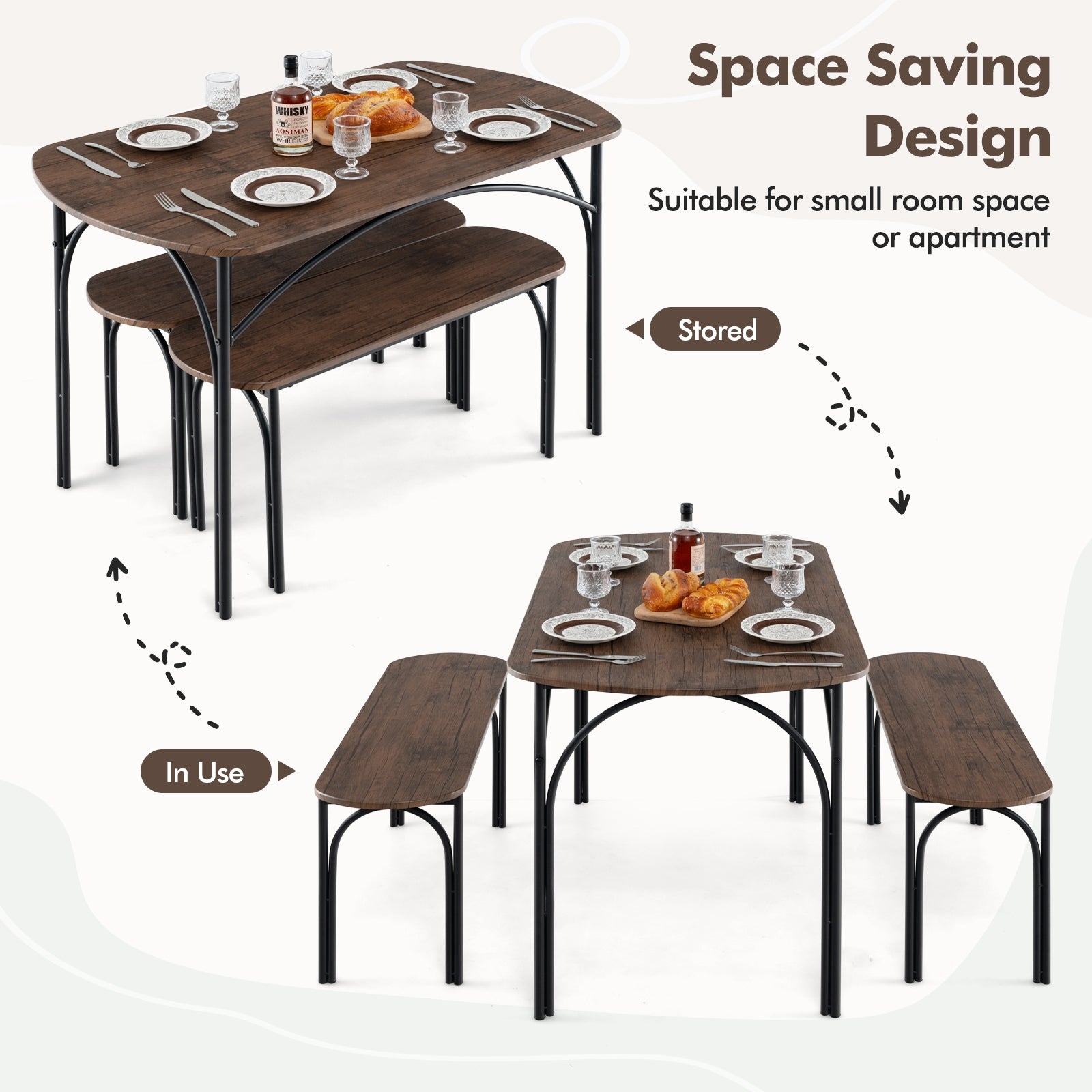 3-Piece Dining Table Set for 4 with Metal Frame, Brown Dining Room Sets   at Gallery Canada