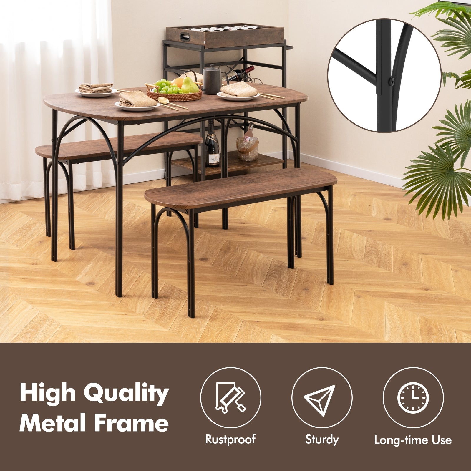 3-Piece Dining Table Set for 4 with Metal Frame, Brown Dining Room Sets   at Gallery Canada