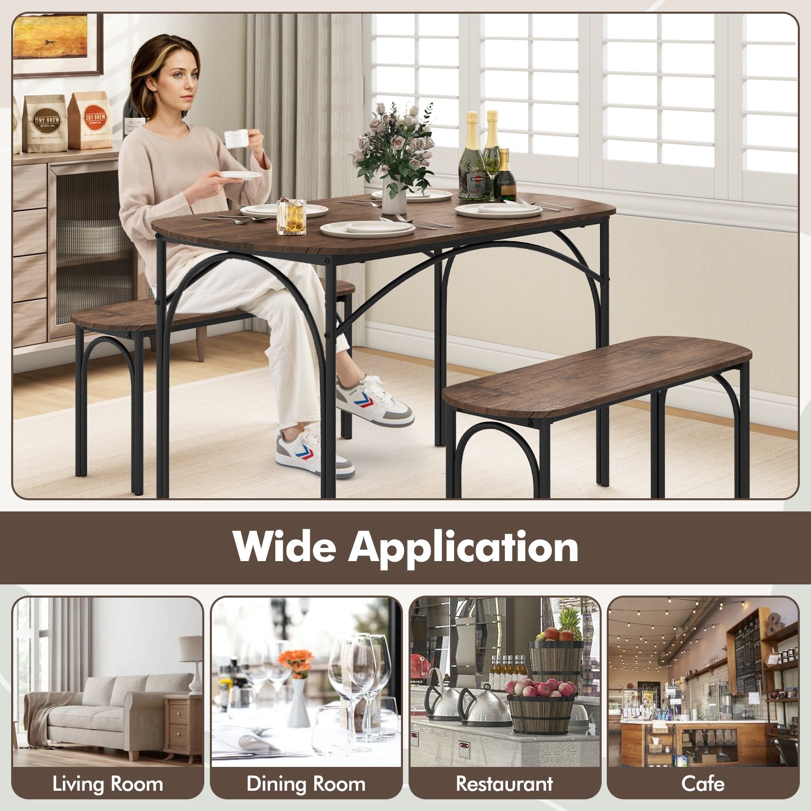 3-Piece Dining Table Set for 4 with Metal Frame, Brown Dining Room Sets   at Gallery Canada