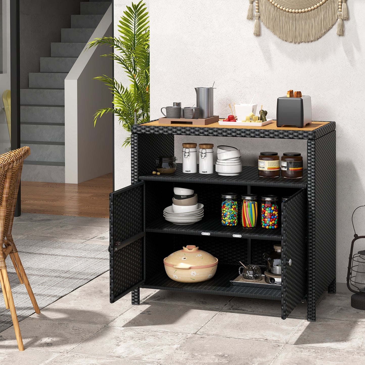 Rattan Storage Cabinet with Acacia Wood Countertop for Poolside Deck and Patio, Black Sideboards Cabinets & Buffets   at Gallery Canada