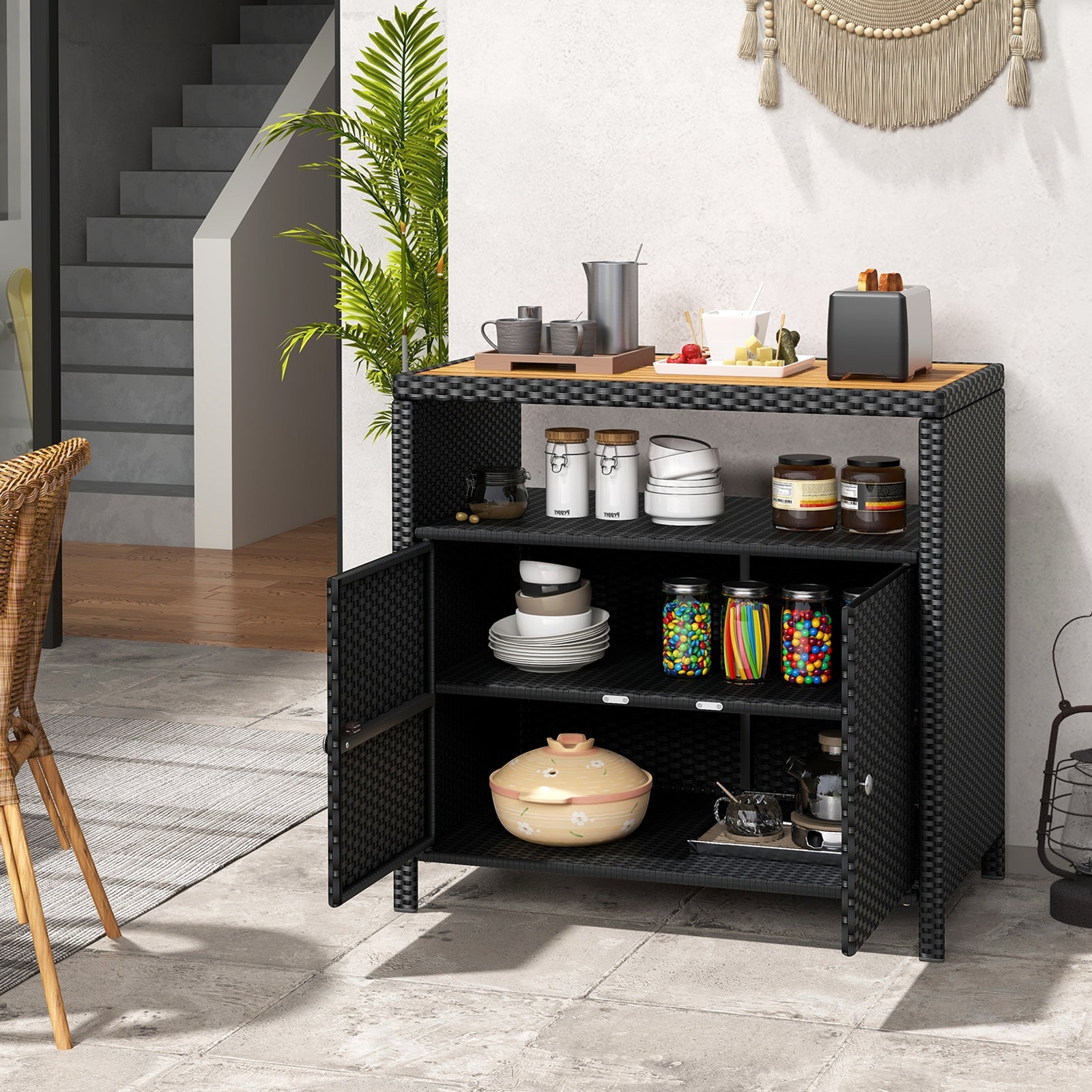 Rattan Storage Cabinet with Acacia Wood Countertop for Poolside Deck and Patio, Black Sideboards Cabinets & Buffets   at Gallery Canada