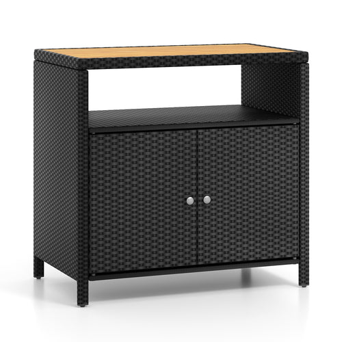 Rattan Storage Cabinet with Acacia Wood Countertop for Poolside Deck and Patio, Black