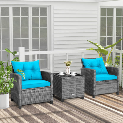 3 Pieces Outdoor Wicker Conversation Set with Tempered Glass Tabletop, Turquoise Patio Conversation Sets   at Gallery Canada