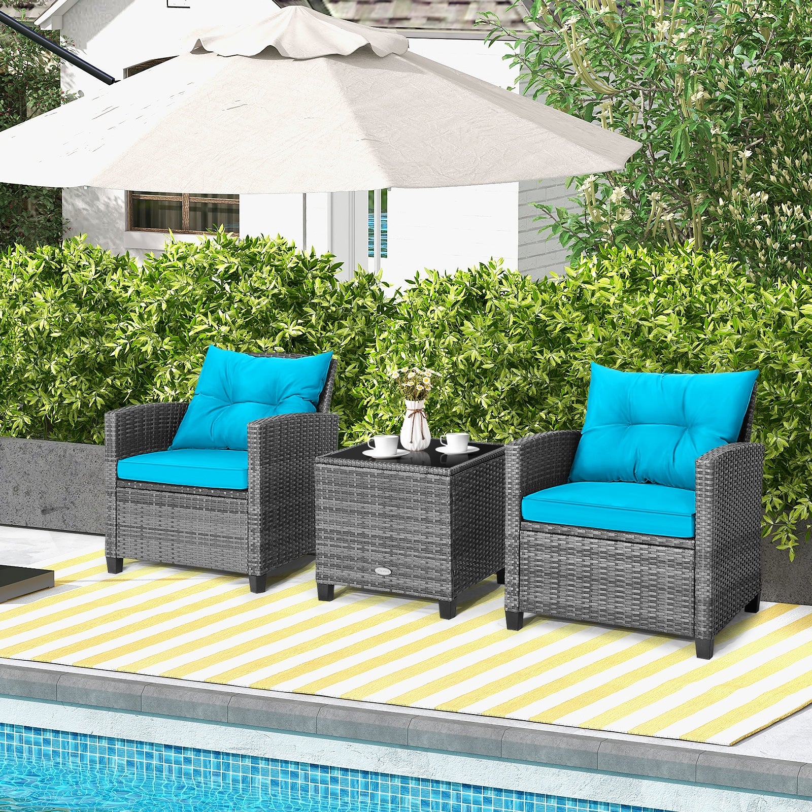 3 Pieces Outdoor Wicker Conversation Set with Tempered Glass Tabletop, Turquoise Patio Conversation Sets   at Gallery Canada