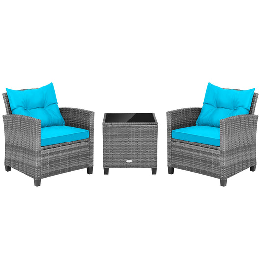 3 Pieces Outdoor Wicker Conversation Set with Tempered Glass Tabletop, Turquoise Patio Conversation Sets Turquoise  at Gallery Canada