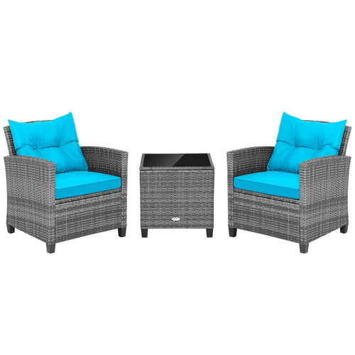 3 Pieces Outdoor Wicker Conversation Set with Tempered Glass Tabletop, Turquoise