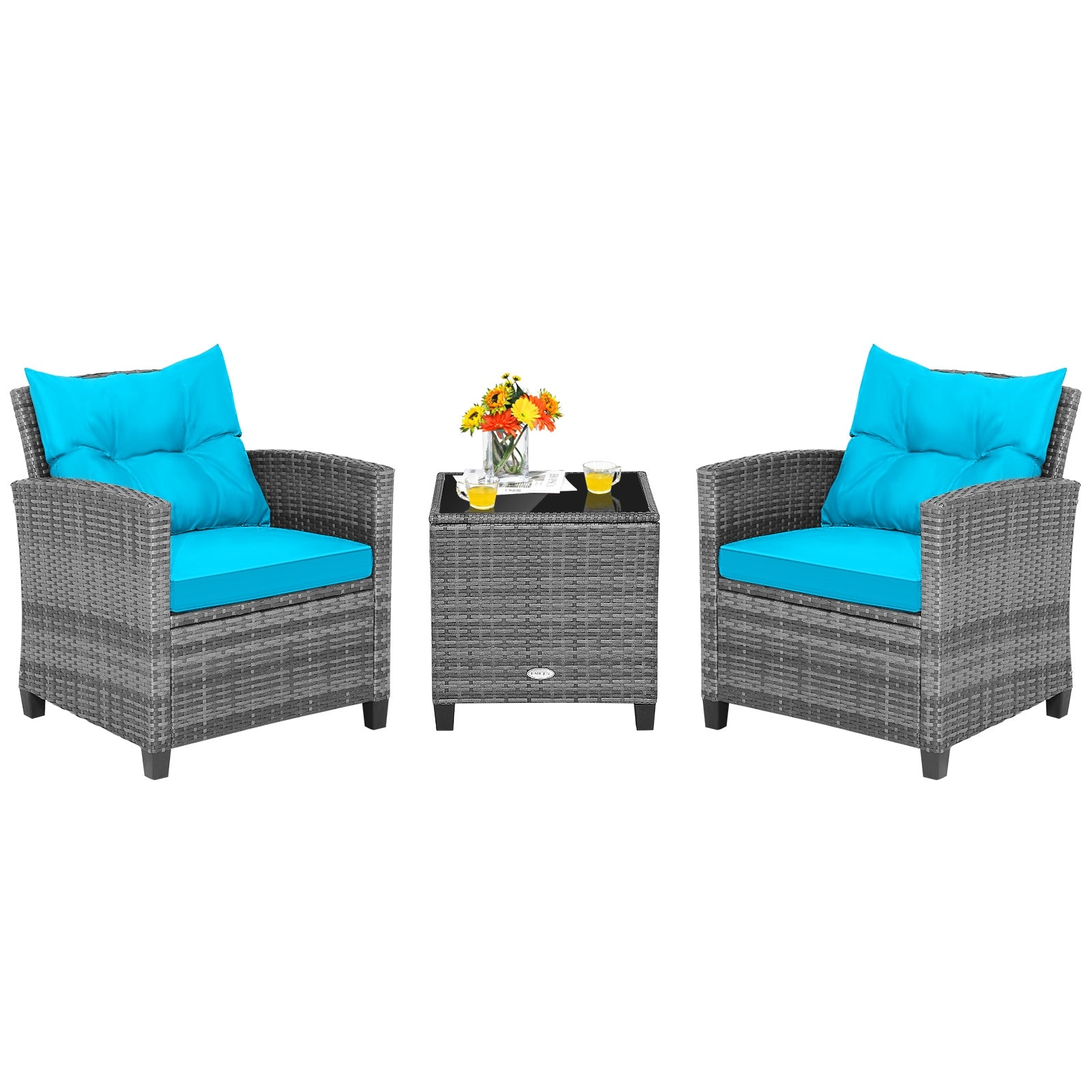 3 Pieces Outdoor Wicker Conversation Set with Tempered Glass Tabletop, Turquoise Patio Conversation Sets   at Gallery Canada