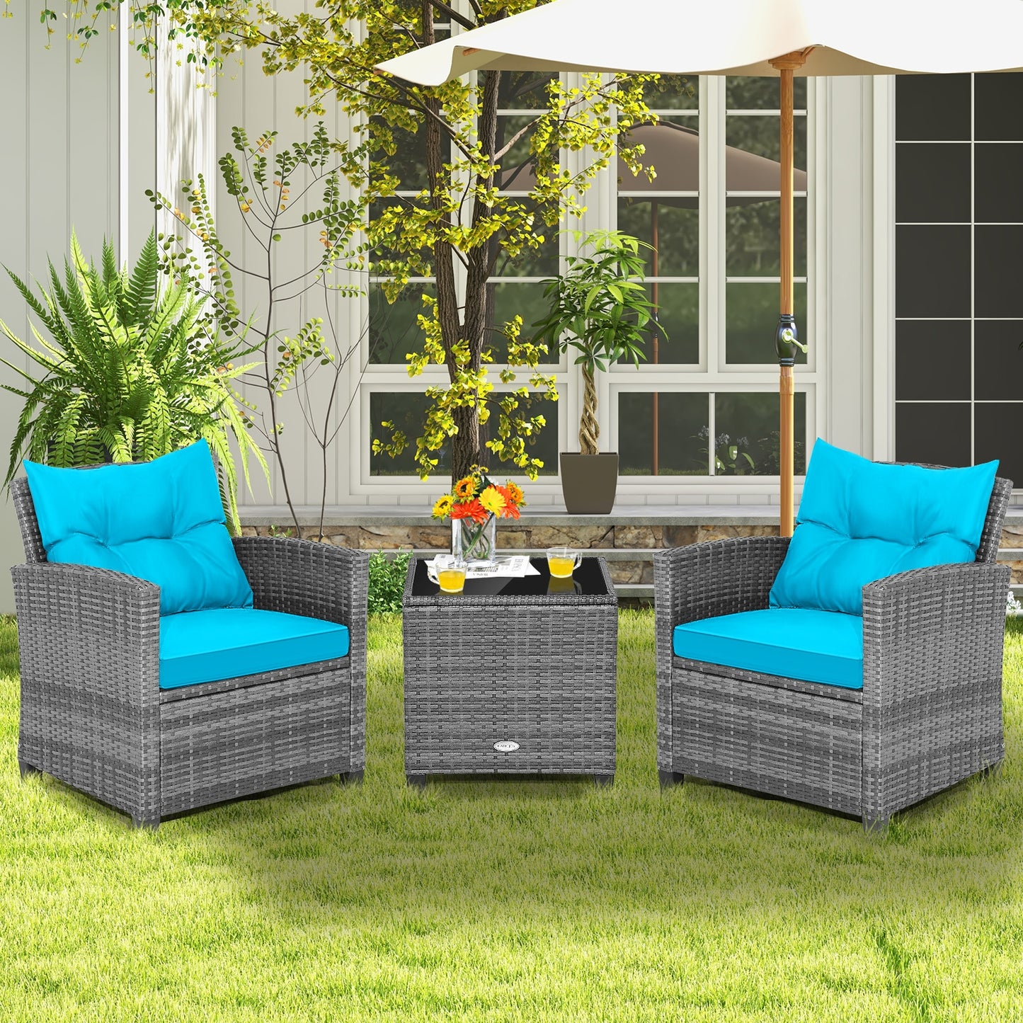 3 Pieces Outdoor Wicker Conversation Set with Tempered Glass Tabletop, Turquoise Patio Conversation Sets   at Gallery Canada