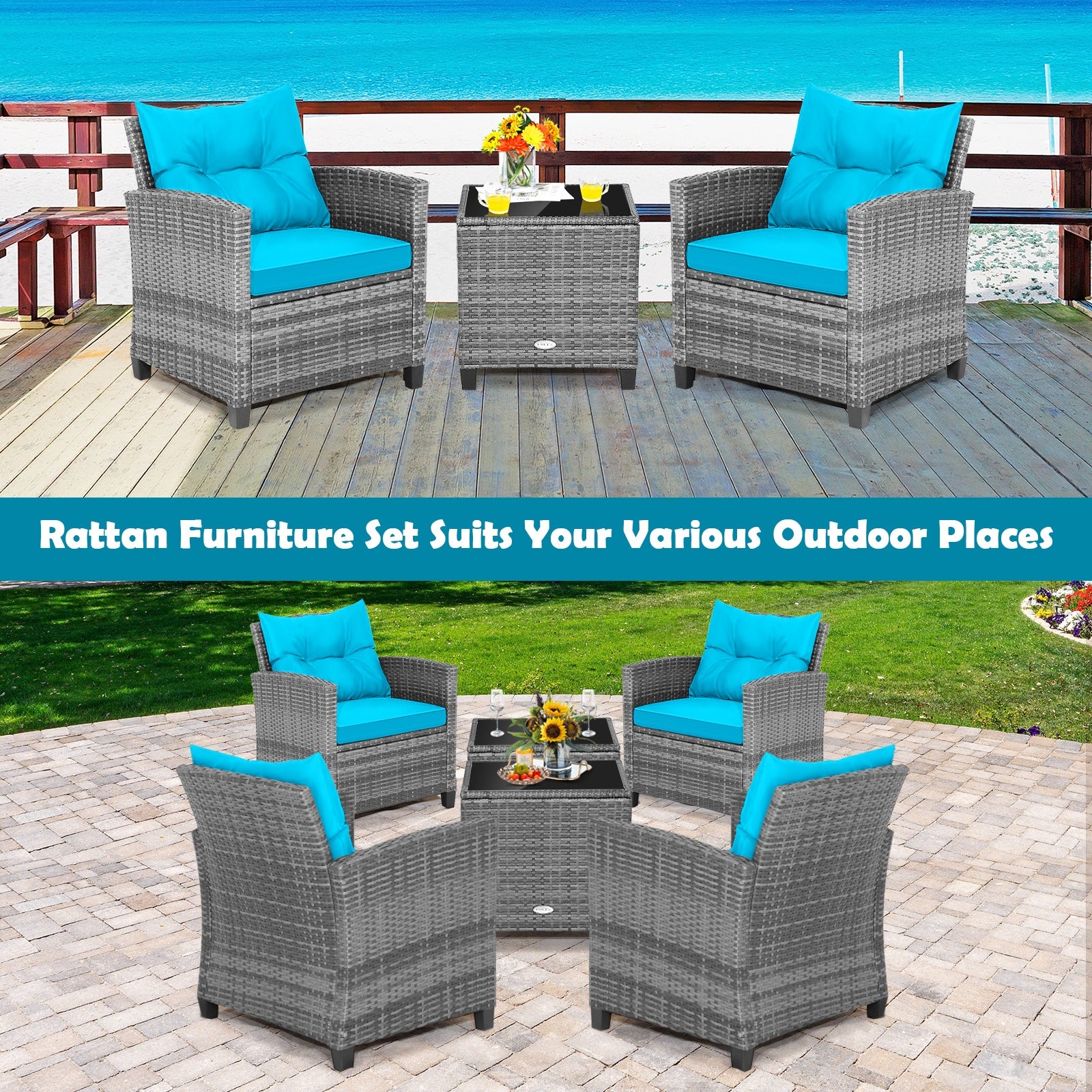 3 Pieces Outdoor Wicker Conversation Set with Tempered Glass Tabletop, Turquoise Patio Conversation Sets   at Gallery Canada