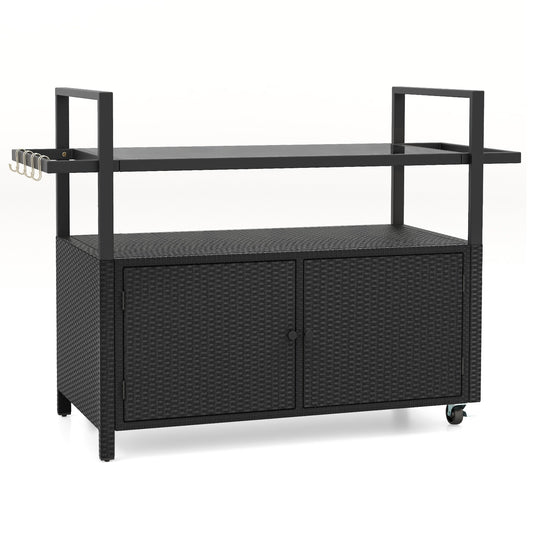 Outdoor Bar Cart Rolling Wicker Buffet Serving Cart with Tempered Glass Top Storage Cabinet and 8 Hooks, Black Camping Furniture Black  at Gallery Canada