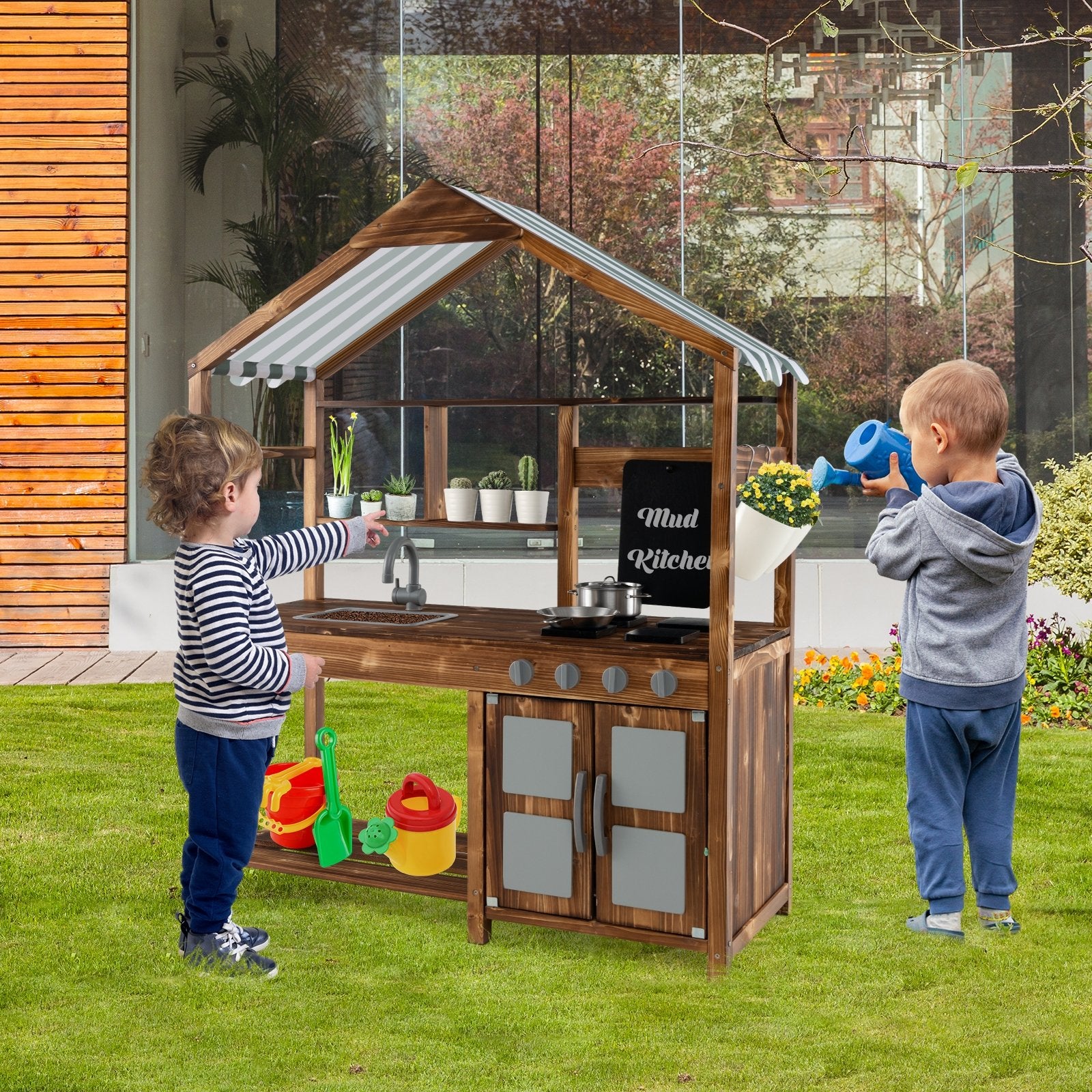 Kid's Mud Kitchen Outdoor Solid Wood Mud Kitchen with Canopy, Natural Play Kitchen Sets   at Gallery Canada