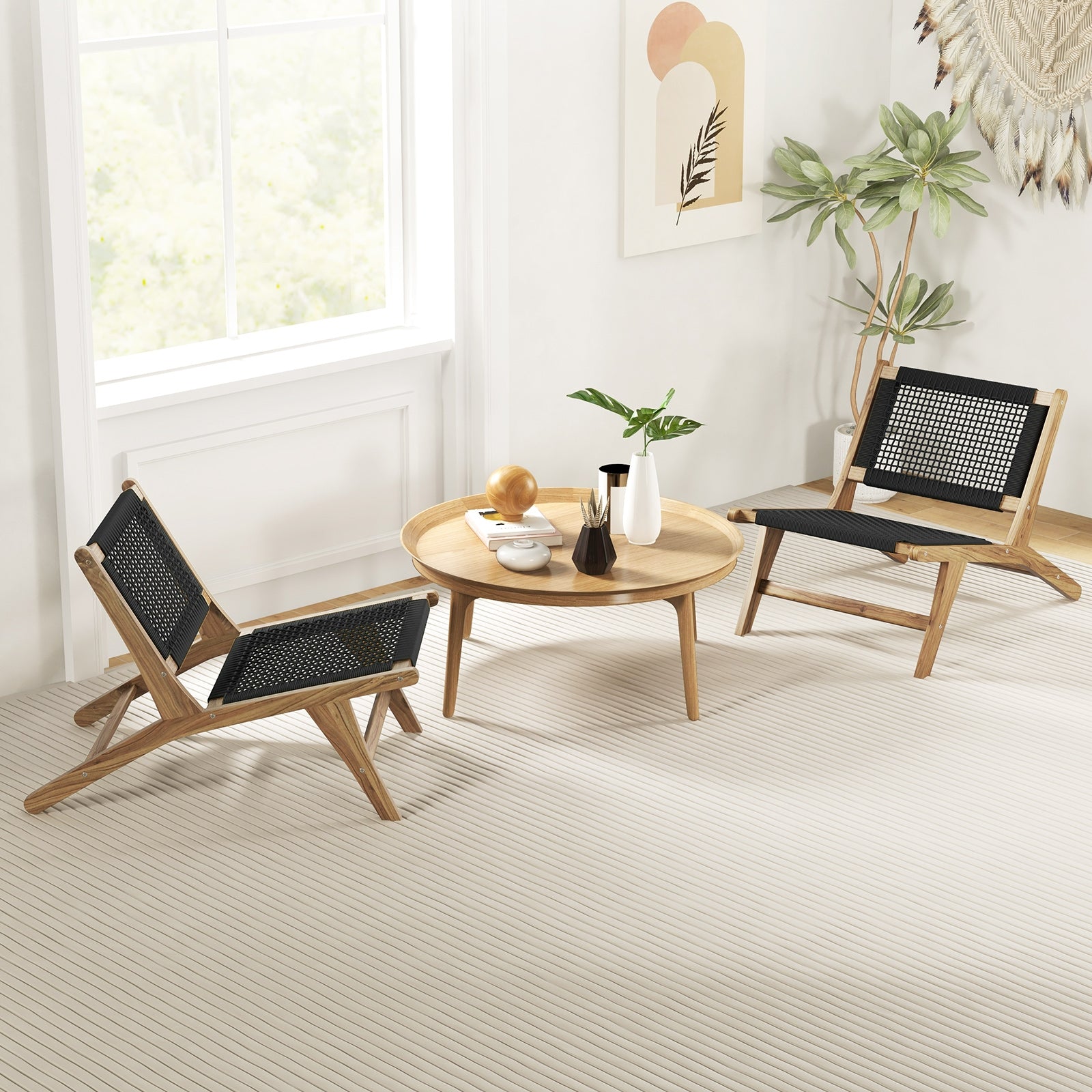 Indoor Outdoor Teak Wooden Chair with Handwoven Cordage Seat and Backrest, Natural & Black Patio Dining Chairs   at Gallery Canada