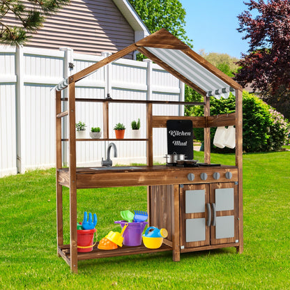 Kid's Mud Kitchen Outdoor Solid Wood Mud Kitchen with Canopy, Natural Play Kitchen Sets   at Gallery Canada