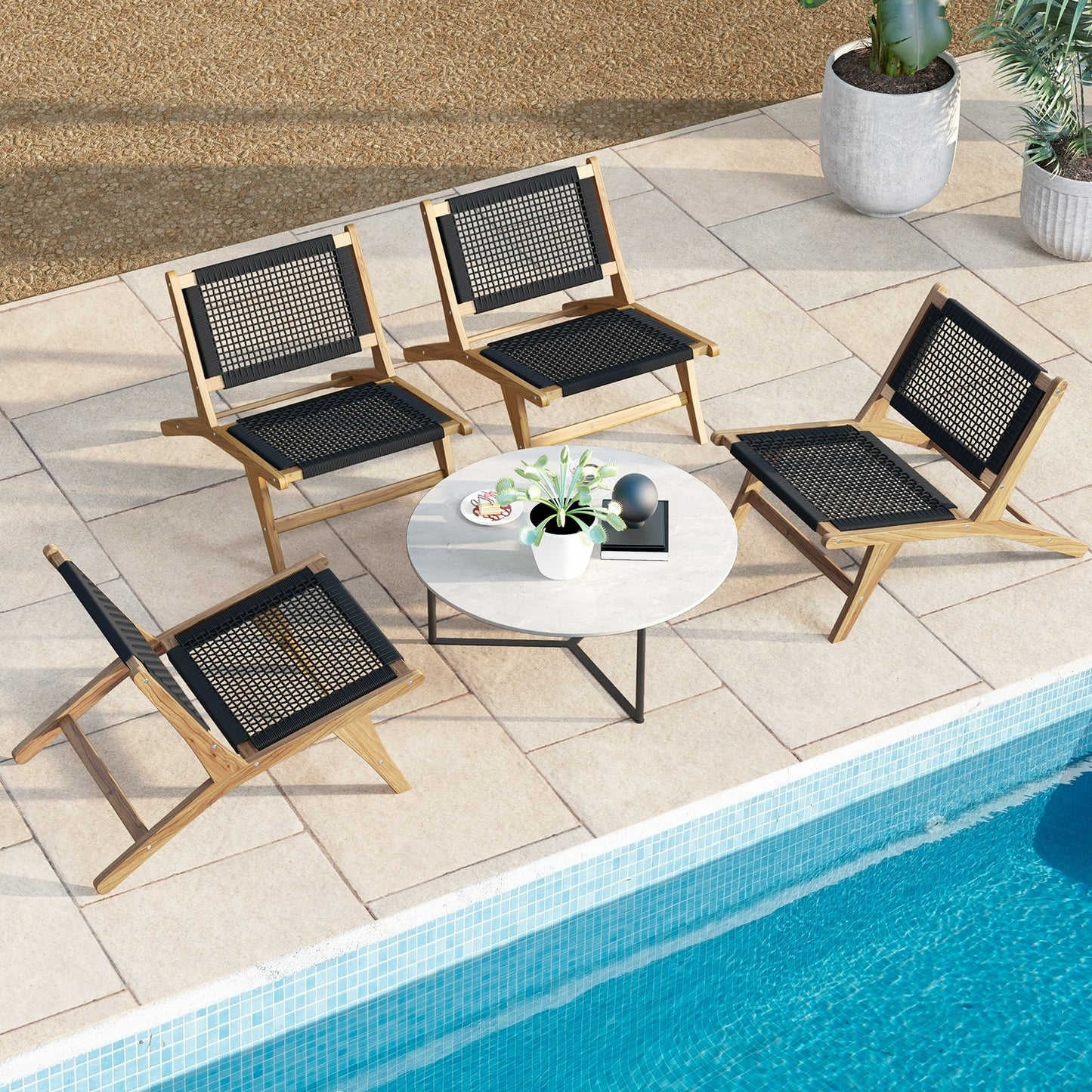 Indoor Outdoor Teak Wooden Chair with Handwoven Cordage Seat and Backrest, Natural & Black Patio Dining Chairs   at Gallery Canada