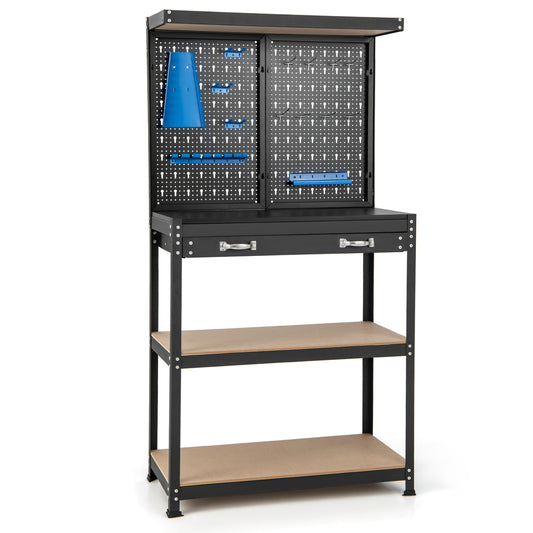 Tool Storage Workbench with Pegboard with 14 Hanging Accessories for Garage-Black and Blue, Blue Garages Blue  at Gallery Canada