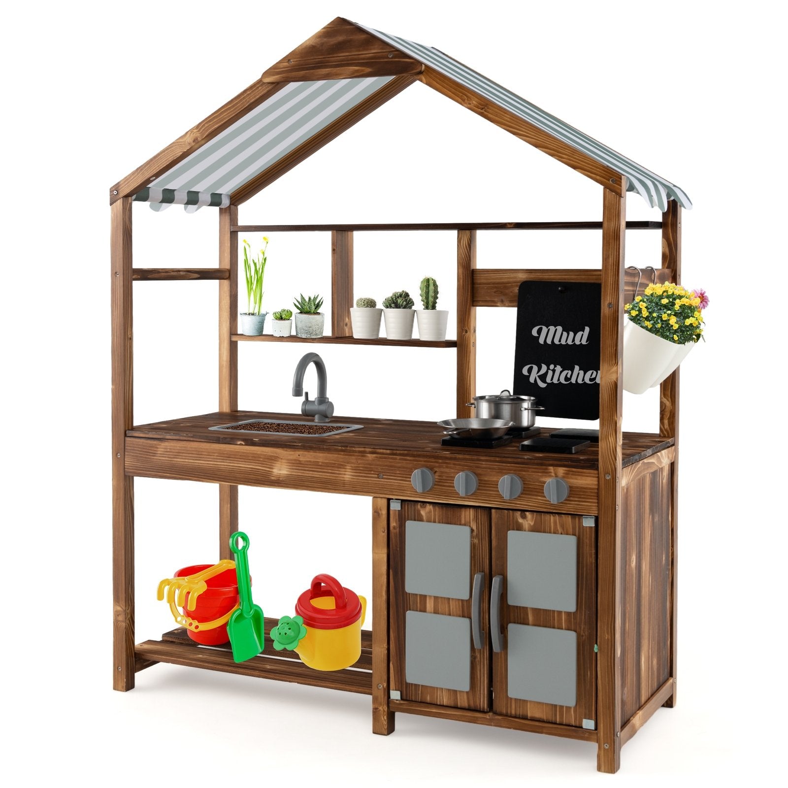 Kid's Mud Kitchen Outdoor Solid Wood Mud Kitchen with Canopy, Natural Play Kitchen Sets   at Gallery Canada