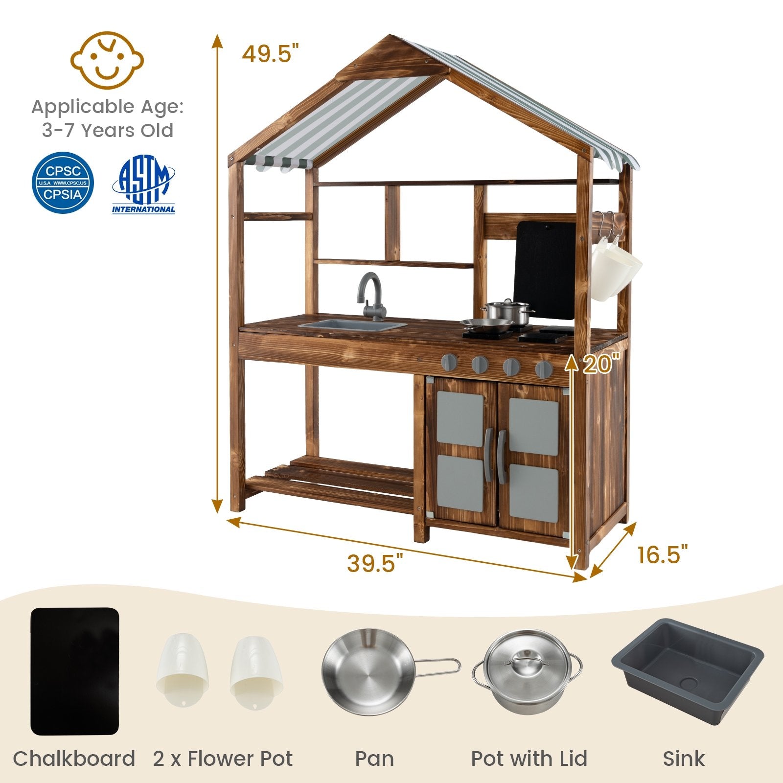 Kid's Mud Kitchen Outdoor Solid Wood Mud Kitchen with Canopy, Natural Play Kitchen Sets   at Gallery Canada