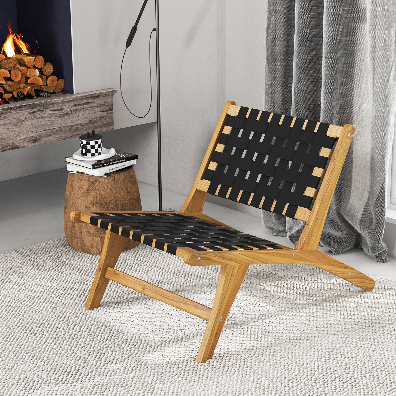 Indoor Patio Teak Wooden Chair with Woven Webbing Seat and Backrest, Natural & Black Patio Dining Chairs   at Gallery Canada