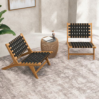 Indoor Patio Teak Wooden Chair with Woven Webbing Seat and Backrest, Natural & Black Patio Dining Chairs   at Gallery Canada