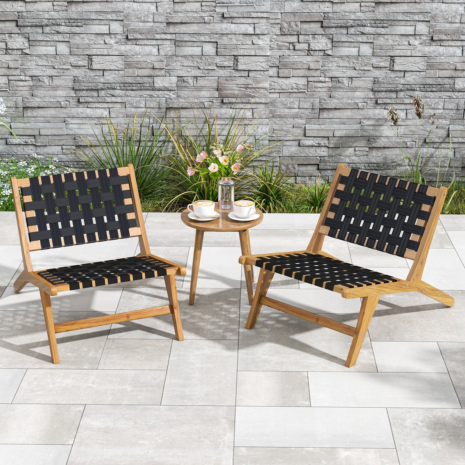 Indoor Patio Teak Wooden Chair with Woven Webbing Seat and Backrest, Natural & Black Patio Dining Chairs   at Gallery Canada