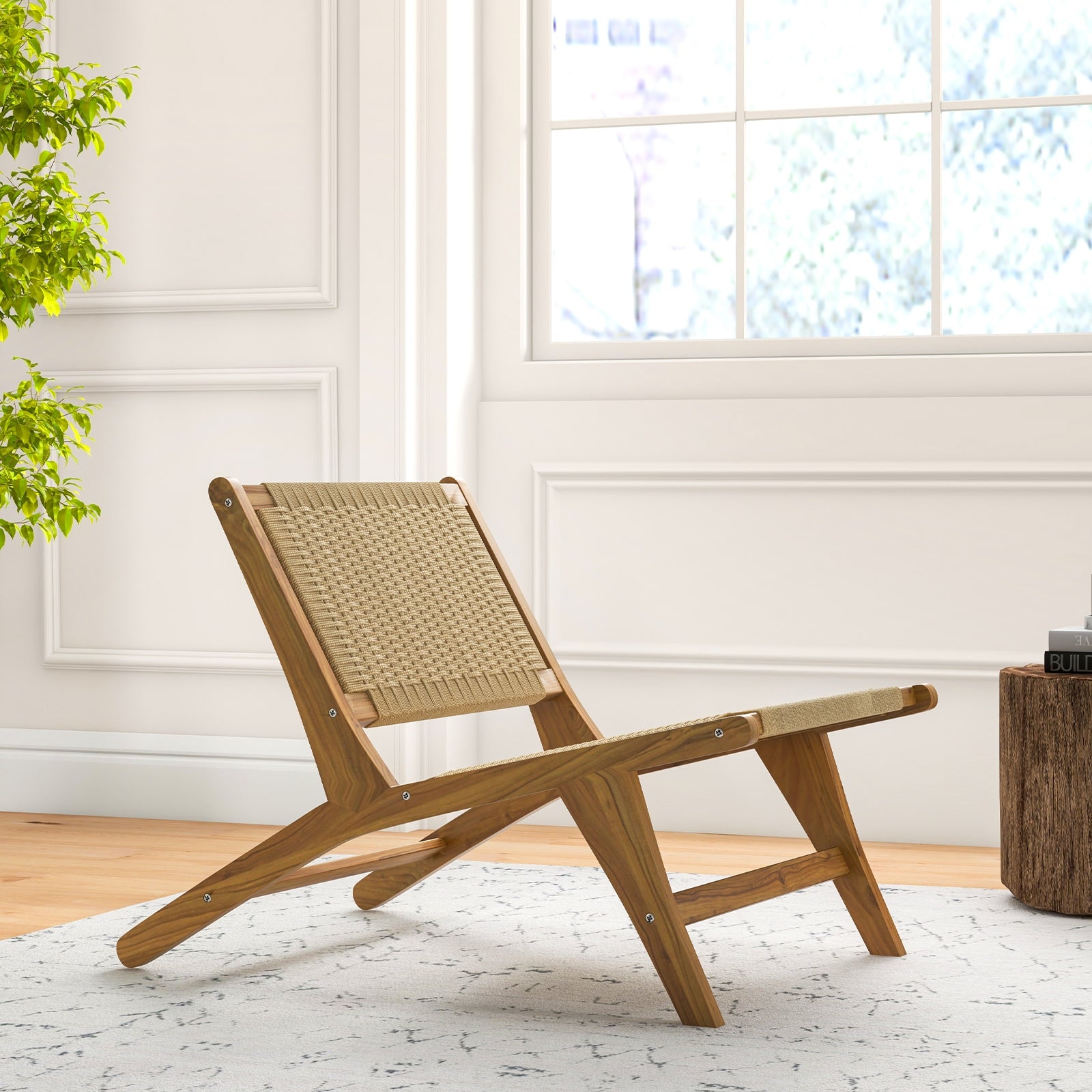 Teak Wooden Chair with Braided Rope Seat and Backrest for Backyard, Natural Patio Dining Chairs   at Gallery Canada