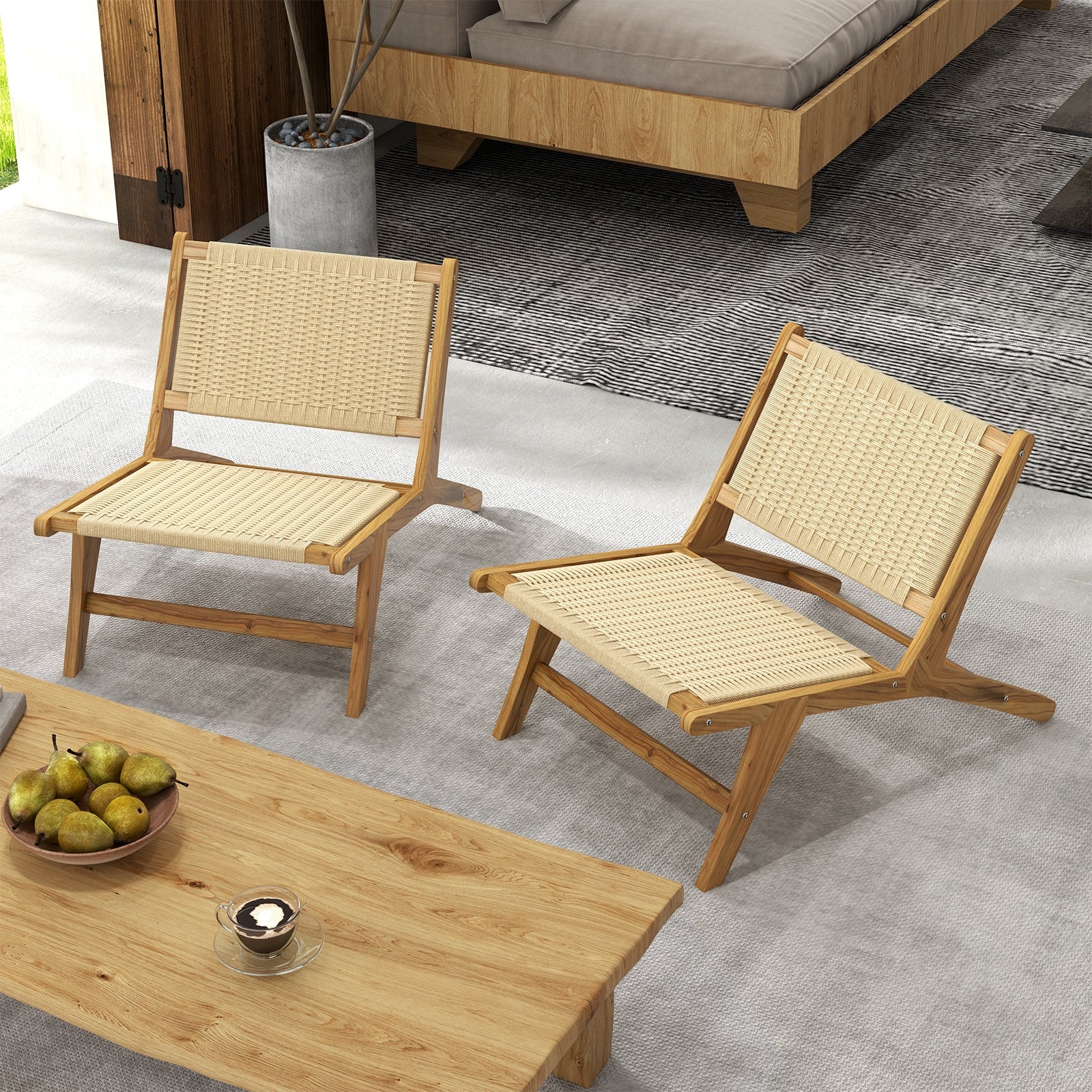 Teak Wooden Chair with Braided Rope Seat and Backrest for Backyard, Natural Patio Dining Chairs   at Gallery Canada