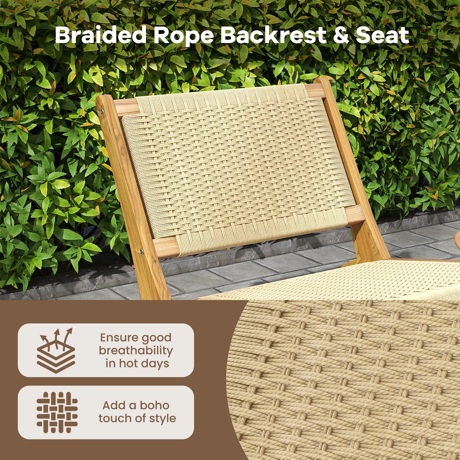 Teak Wooden Chair with Braided Rope Seat and Backrest for Backyard, Natural Patio Dining Chairs   at Gallery Canada