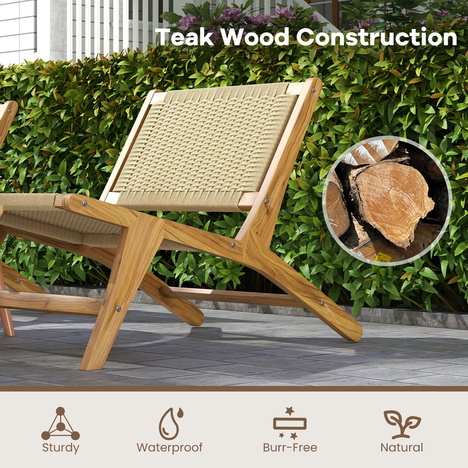 Teak Wooden Chair with Braided Rope Seat and Backrest for Backyard, Natural Patio Dining Chairs   at Gallery Canada