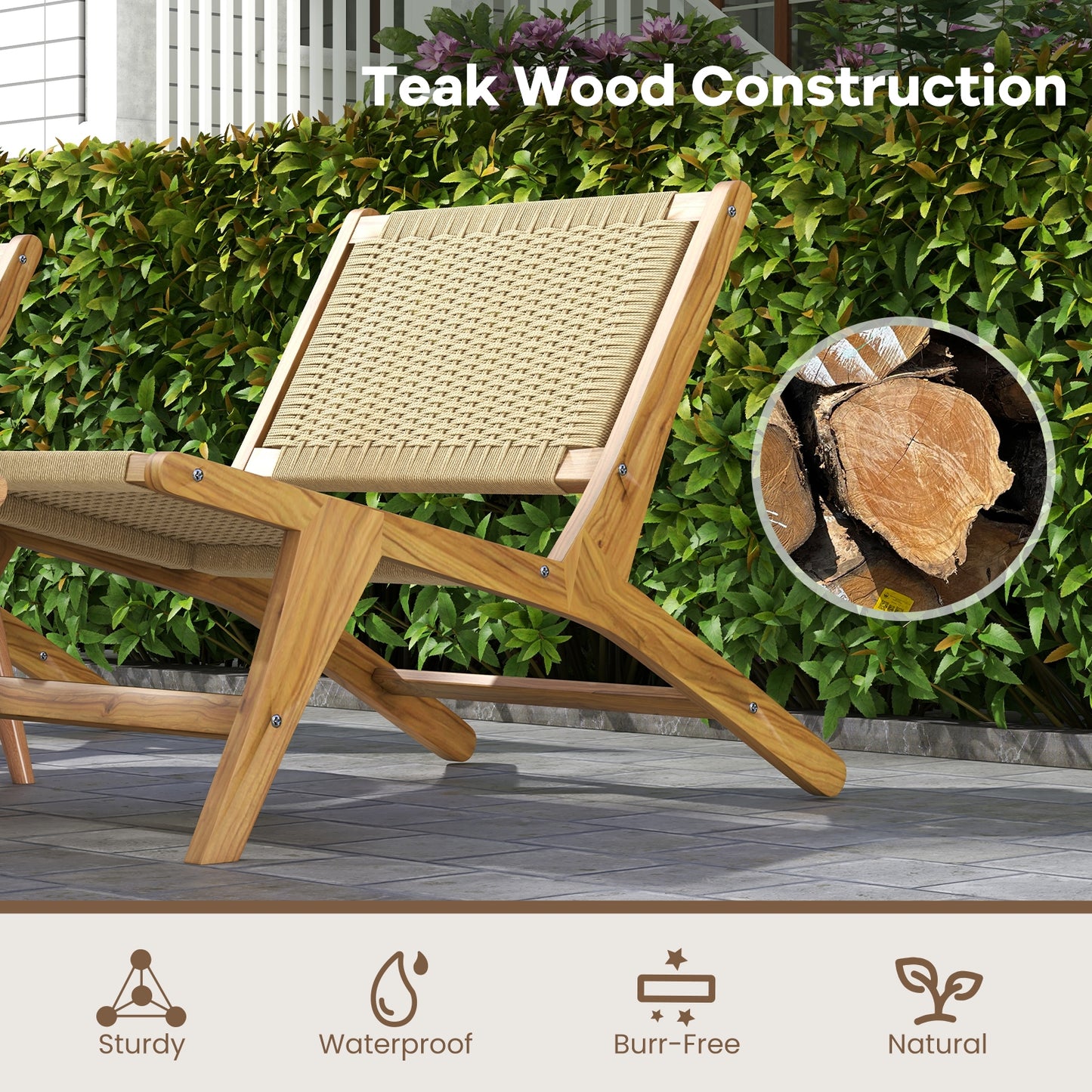 Teak Wooden Chair with Braided Rope Seat and Backrest for Backyard, Natural Patio Dining Chairs   at Gallery Canada