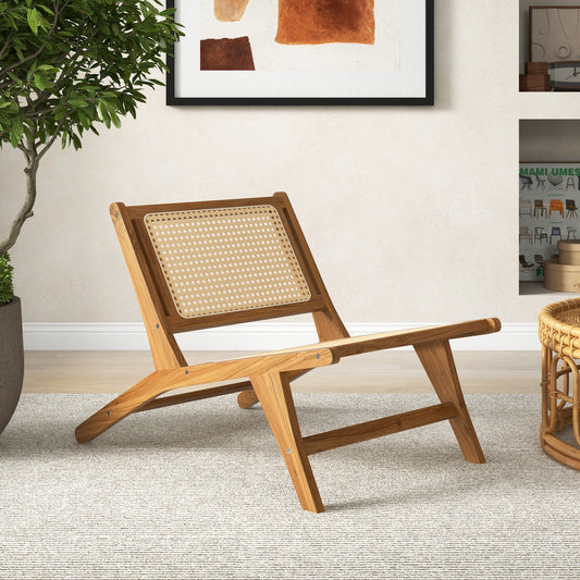 Teak Wooden Chair with Handwoven Rattan Seat and Backrest, Natural Patio Dining Chairs Natural  at Gallery Canada