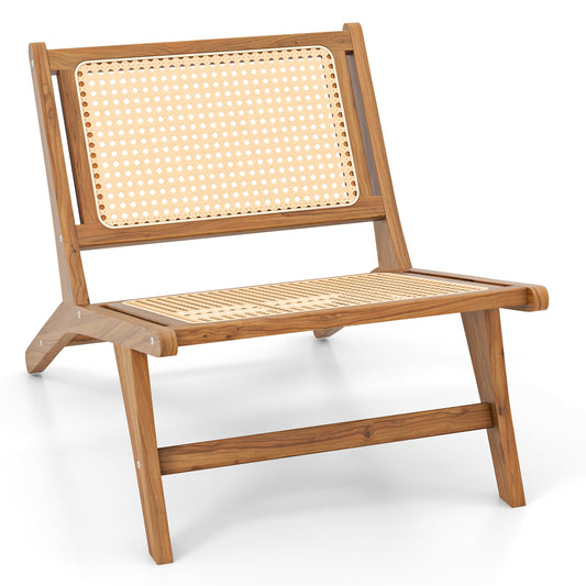 Teak Wooden Chair with Handwoven Rattan Seat and Backrest, Natural Patio Dining Chairs Natural  at Gallery Canada