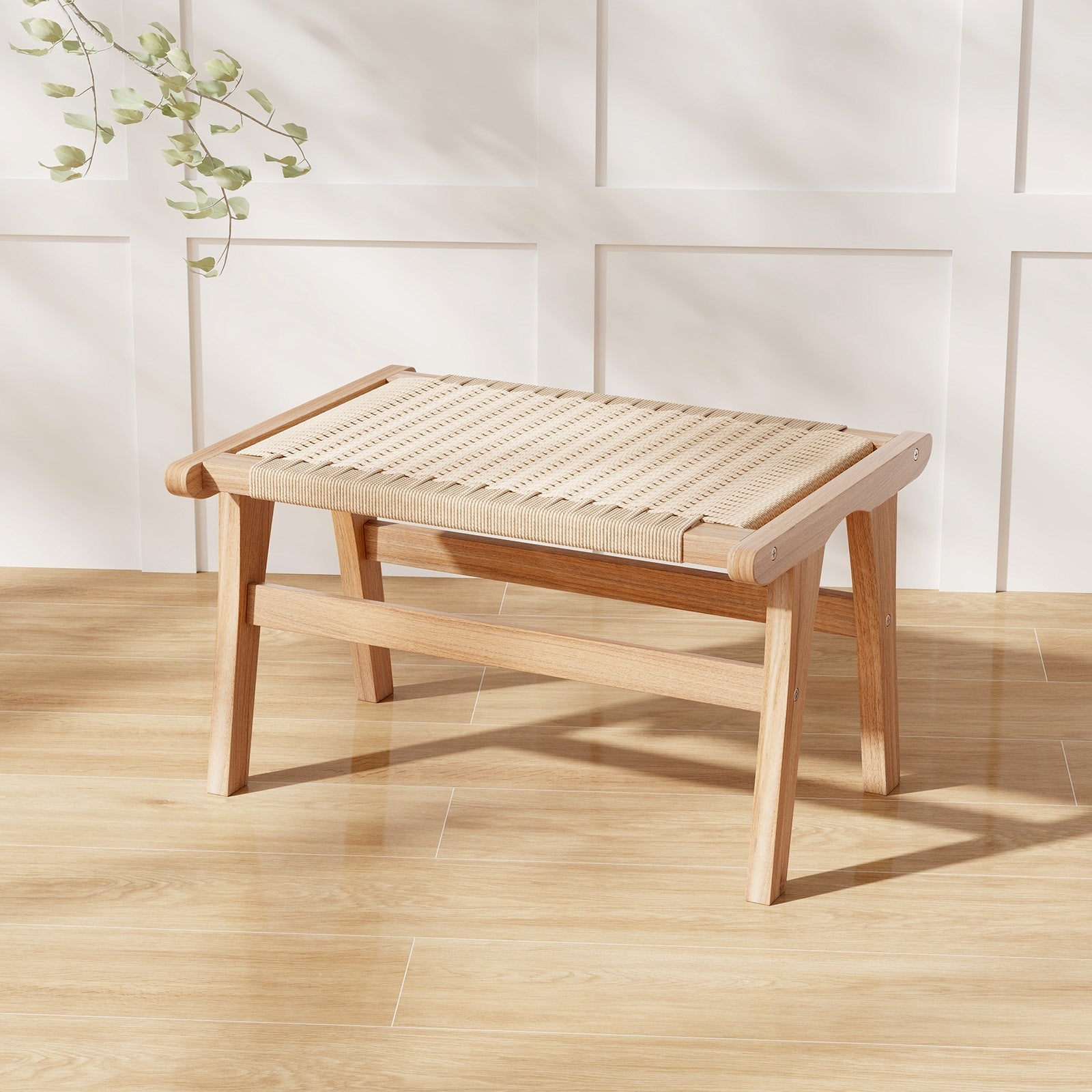 Teak Wood Ottoman Footstool with Braided Rope for Living Room, Natural Ottomans   at Gallery Canada