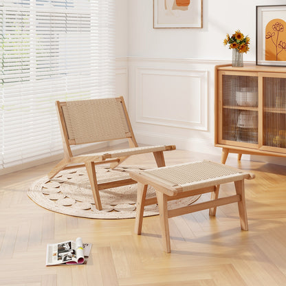 Teak Wood Ottoman Footstool with Braided Rope for Living Room, Natural Ottomans   at Gallery Canada