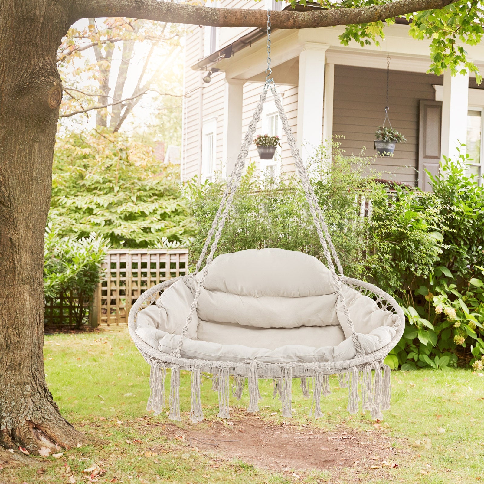 Hand-Woven Rope Hanging Chair with Thick Cushion and Folding Metal Frame, Beige Hammocks   at Gallery Canada