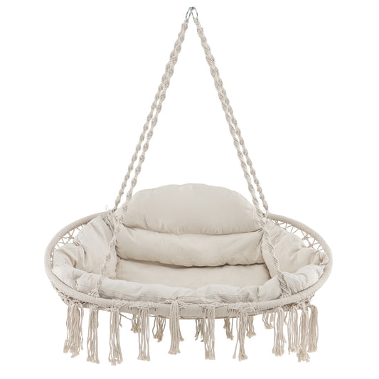 Hand-Woven Rope Hanging Chair with Thick Cushion and Folding Metal Frame, Beige Hammocks Beige  at Gallery Canada