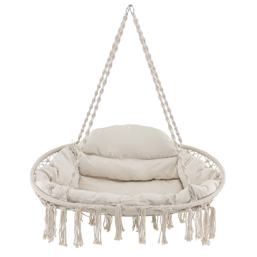 Hand-Woven Rope Hanging Chair with Thick Cushion and Folding Metal Frame, Beige