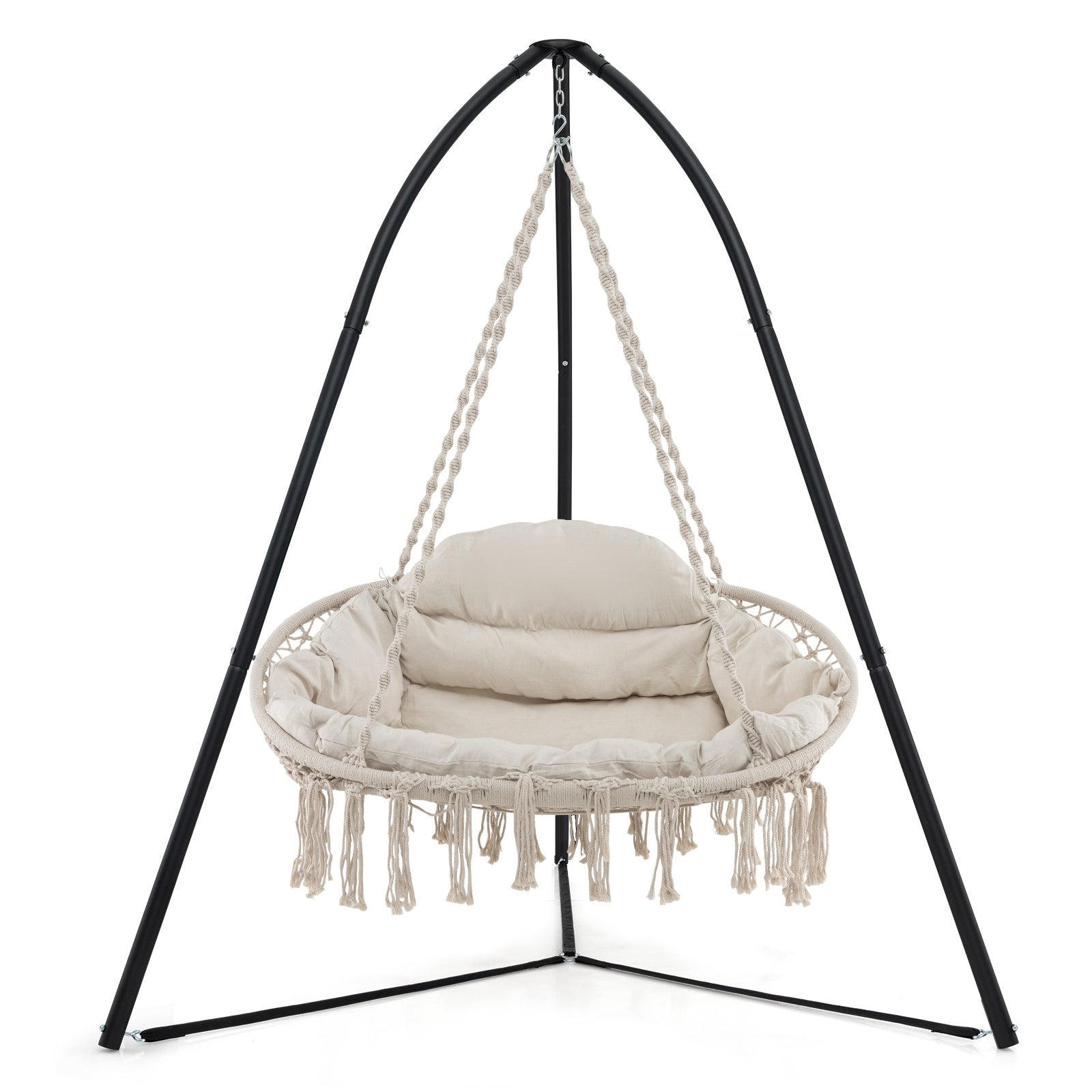 Hand-Woven Rope Hanging Chair with Thick Cushion and Folding Metal Frame, Beige Hammocks   at Gallery Canada