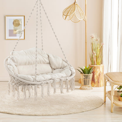 Hand-Woven Rope Hanging Chair with Thick Cushion and Folding Metal Frame, Beige Hammocks   at Gallery Canada