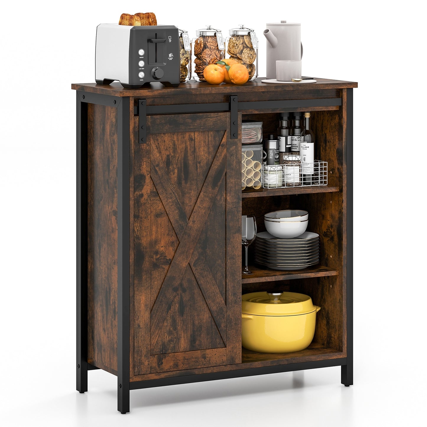 32 Inch Farmhouse Sideboard Buffet Cabinet with Sliding Barn Door and Adjustable Shelves, Rustic Brown Sideboards Cabinets & Buffets   at Gallery Canada