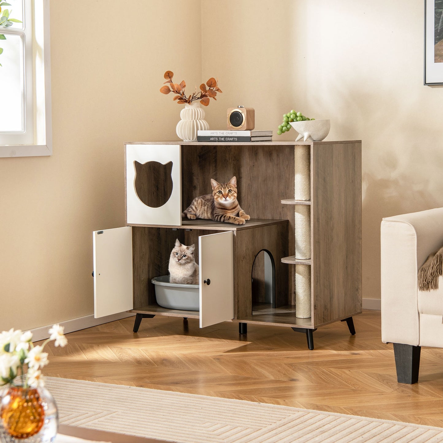 Cat Litter Box Enclosure with 3 Sisal Scratching Posts for Indoor Cats, Natural Cat Houses   at Gallery Canada