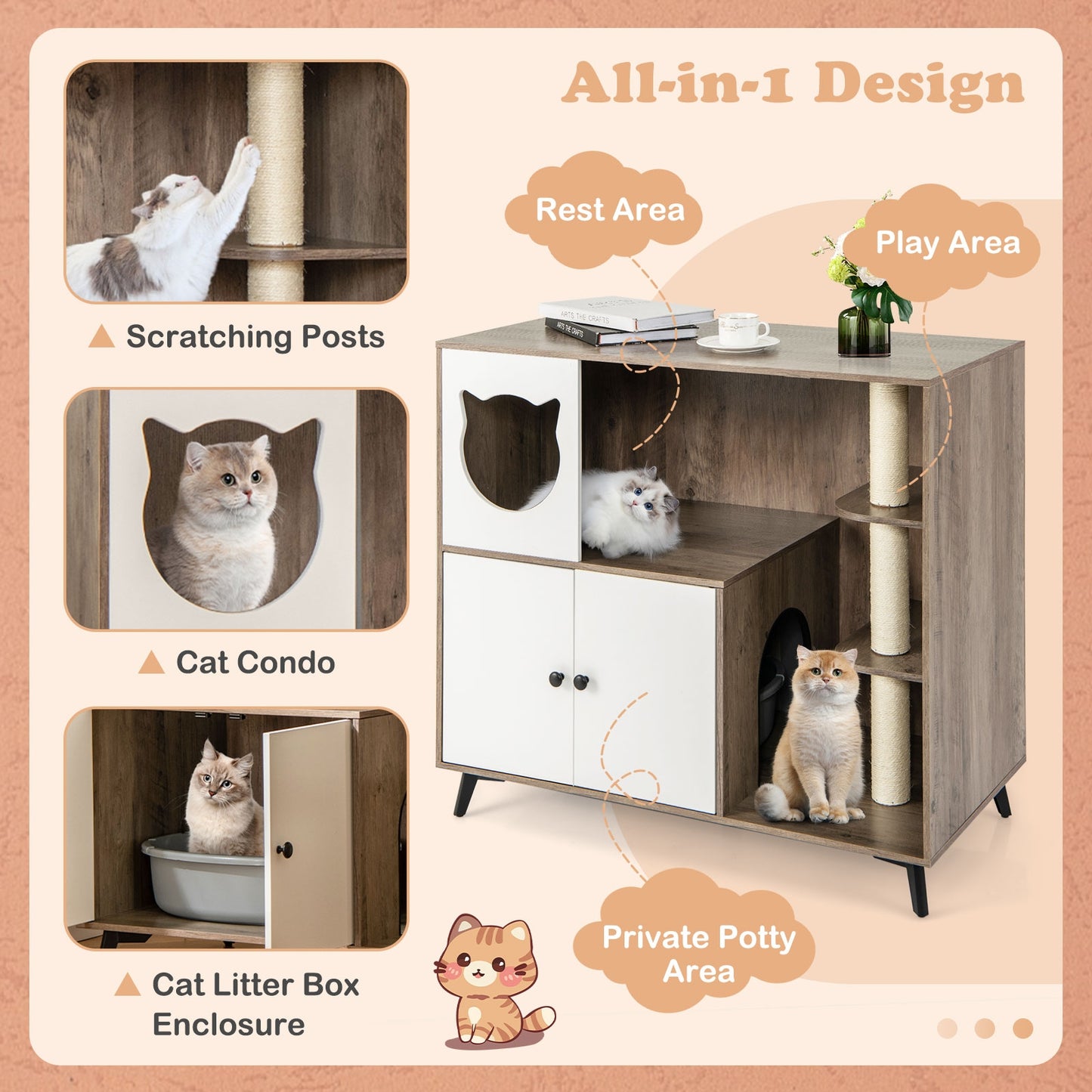 Cat Litter Box Enclosure with 3 Sisal Scratching Posts for Indoor Cats, Natural Cat Houses   at Gallery Canada