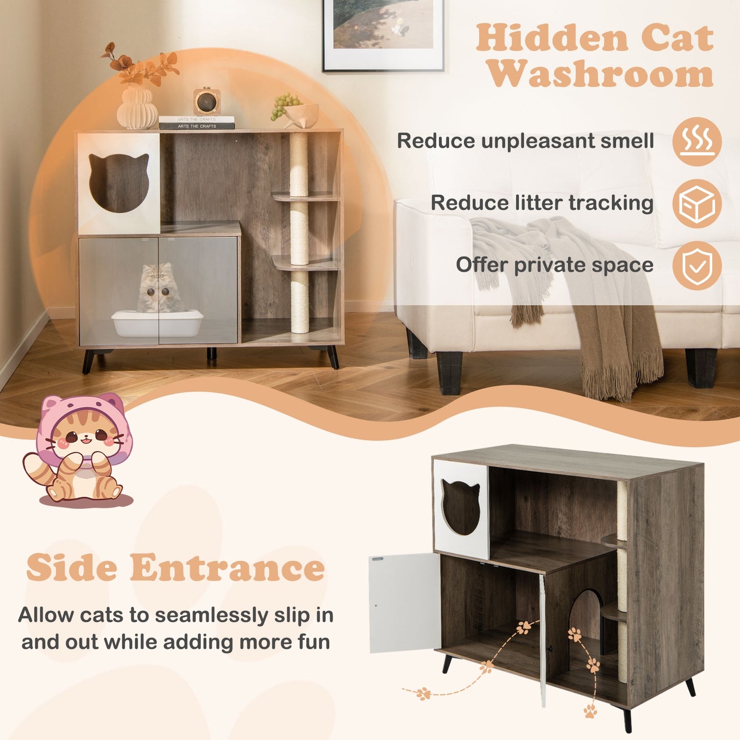 Cat Litter Box Enclosure with 3 Sisal Scratching Posts for Indoor Cats, Natural Cat Houses   at Gallery Canada