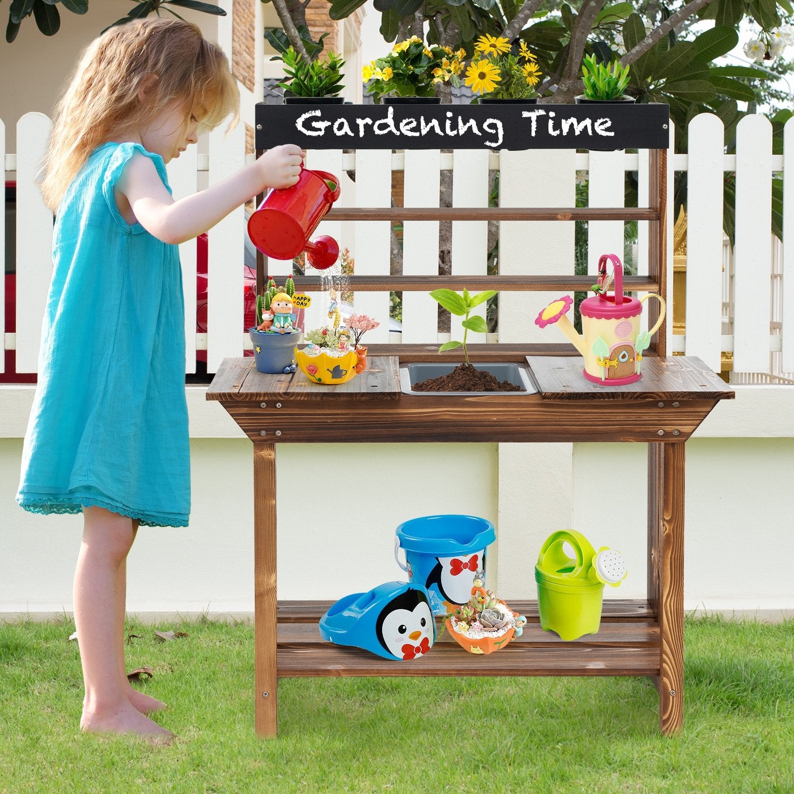 Wooden Potting Bench Table Outdoor Mud Kitchen with Solid Fir Wood Frame, Natural Play Kitchen Sets   at Gallery Canada