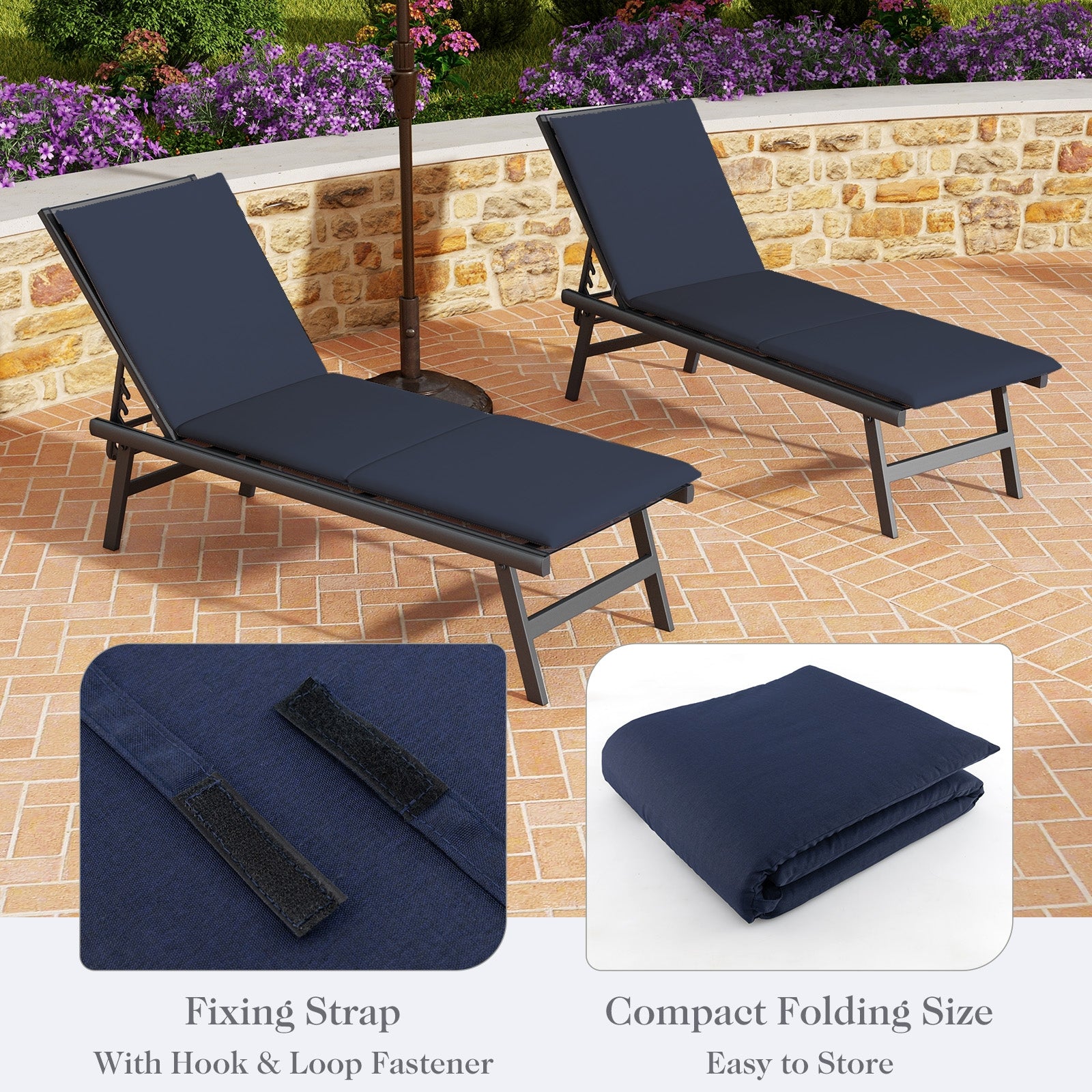 Outdoor Chaise Lounge Cushion Patio Furniture Folding Pad with Fixing Straps, Navy Outdoor Furniture Accessories   at Gallery Canada