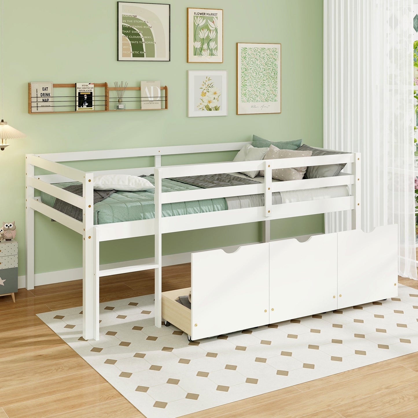 Twin Size Low Loft Bed with 3 Drawers with Ladder and Full-length Guardrails, White Trundle Bed Frame   at Gallery Canada