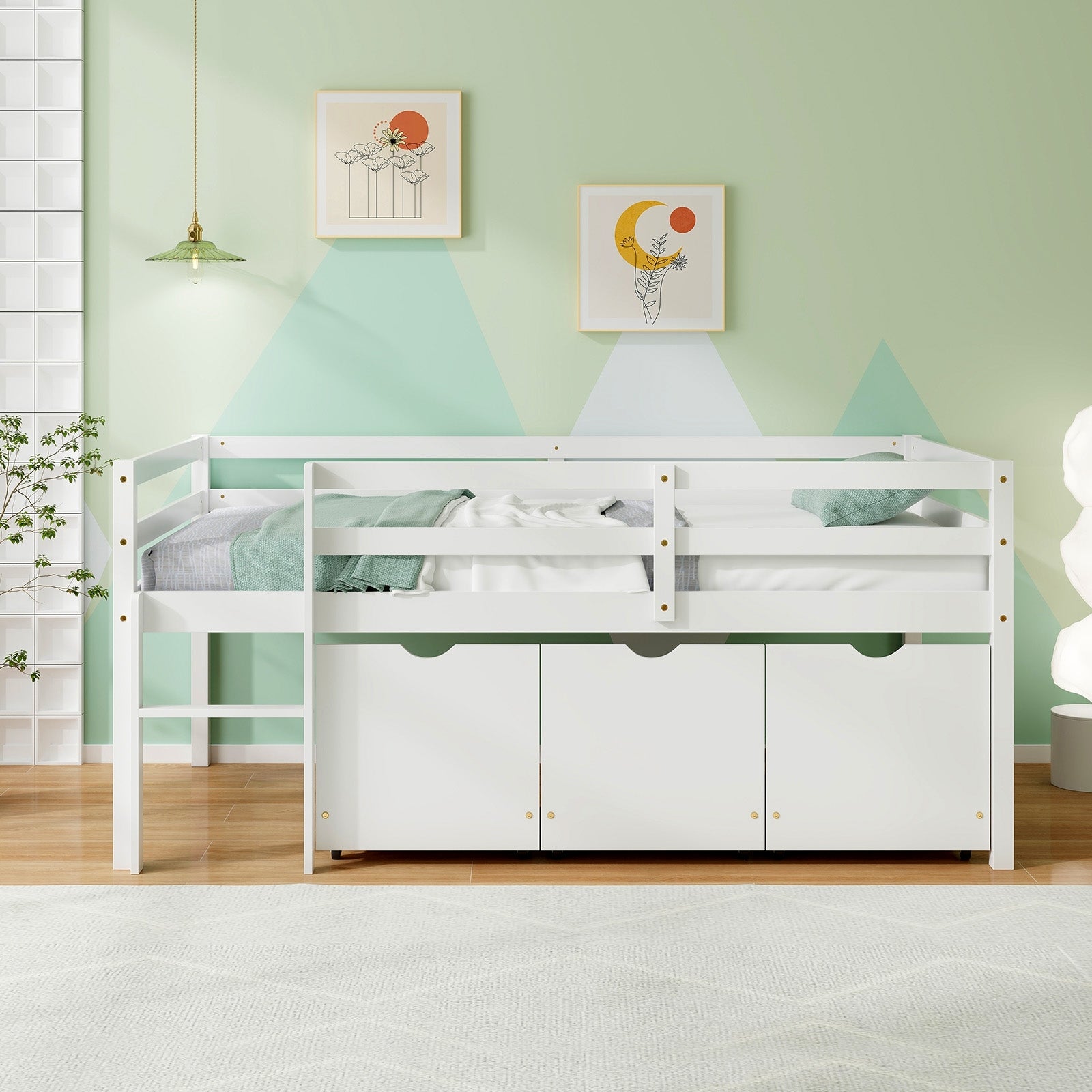 Twin Size Low Loft Bed with 3 Drawers with Ladder and Full-length Guardrails, White Trundle Bed Frame   at Gallery Canada