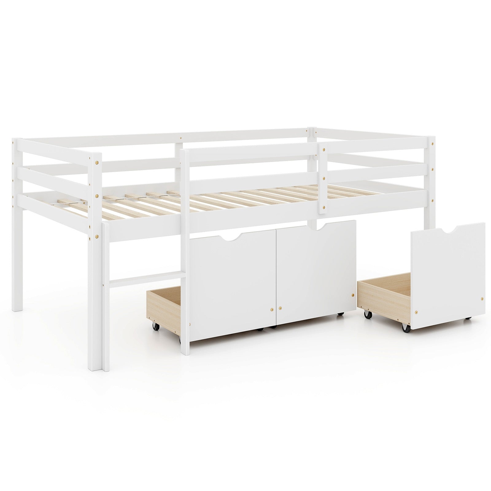 Twin Size Low Loft Bed with 3 Drawers with Ladder and Full-length Guardrails, White Trundle Bed Frame White  at Gallery Canada