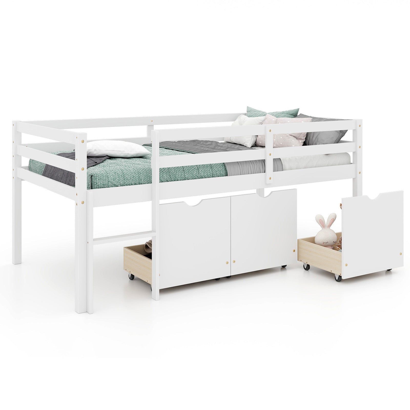 Twin Size Low Loft Bed with 3 Drawers with Ladder and Full-length Guardrails, White Trundle Bed Frame   at Gallery Canada