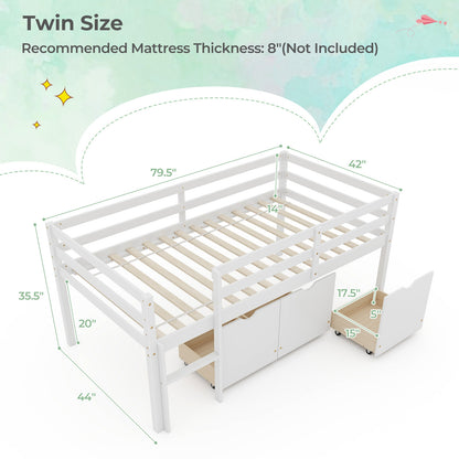 Twin Size Low Loft Bed with 3 Drawers with Ladder and Full-length Guardrails, White Trundle Bed Frame   at Gallery Canada