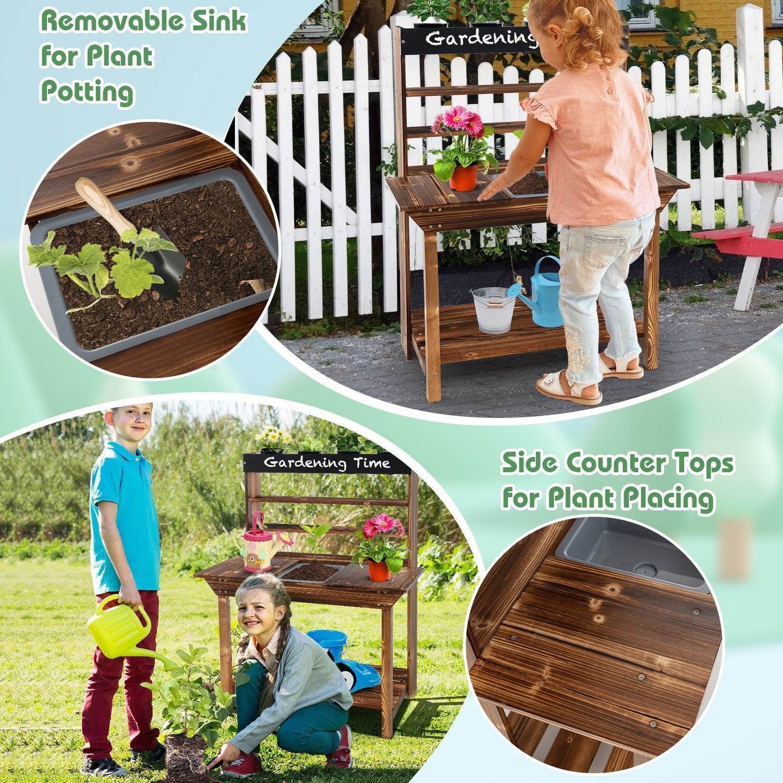 Wooden Potting Bench Table Outdoor Mud Kitchen with Solid Fir Wood Frame, Natural Play Kitchen Sets   at Gallery Canada